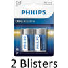 4 Stuks (2 Blisters a 2 st) Philips Ultra Alkalline C Batterijen