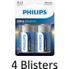 8 Stuks (4 Blisters a 2 st) Philips Ultra Alkaline D Cell Batterijen