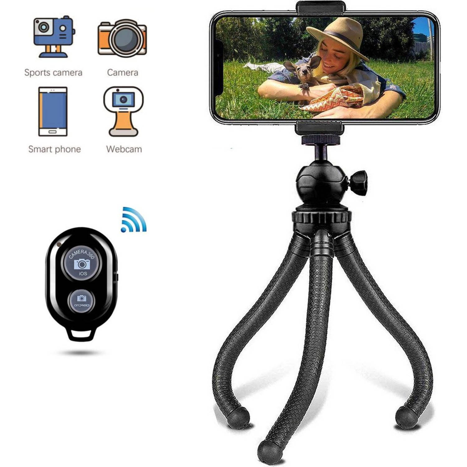 Lurk® 3 In 1 Flexibele Tripod Statief Voor Smartphone & Camera Telefoonklem En Bluetooth Afstandsbed
