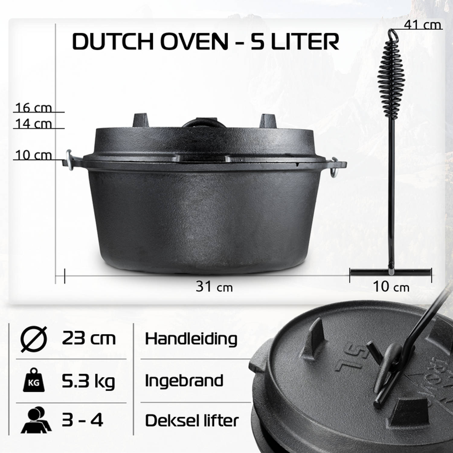 luchthaven Begraafplaats Graf IRONO Dutch Oven - Pan Gietijzer - 5 Liter Set - Houten kist - Gietijzeren  Pan BBQ 4-delig - Multifunctionele Kookset | Blokker