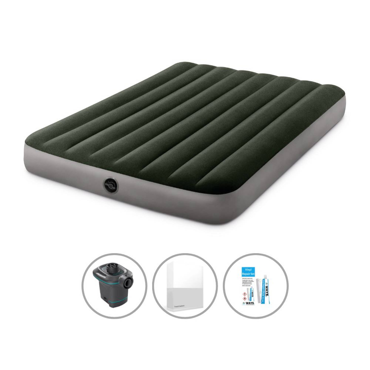 Intex Luchtbedset Intex Luchtbed - Twijfelaar - 137 x 191 x 25 cm - Groen + Intex Elektrische Pomp - 650 Liter/min + Hoeslaken Wit + Reparatieset