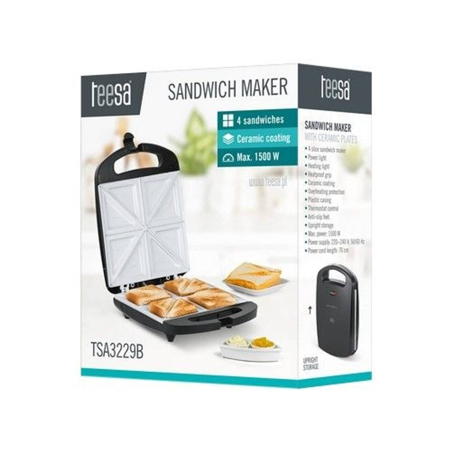 Teesa TSA3229B Tosti-ijzer voor 4 tosti&apos;s, sandwich grill zwart