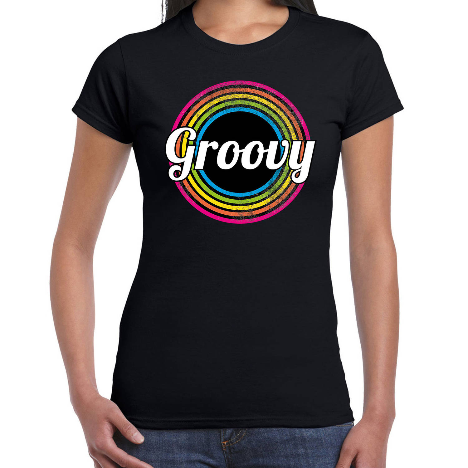 Groovy verkleed t-shirt zwart voor dames - discoverkleed / party shirt - Cadeau voor een disco liefhebber M