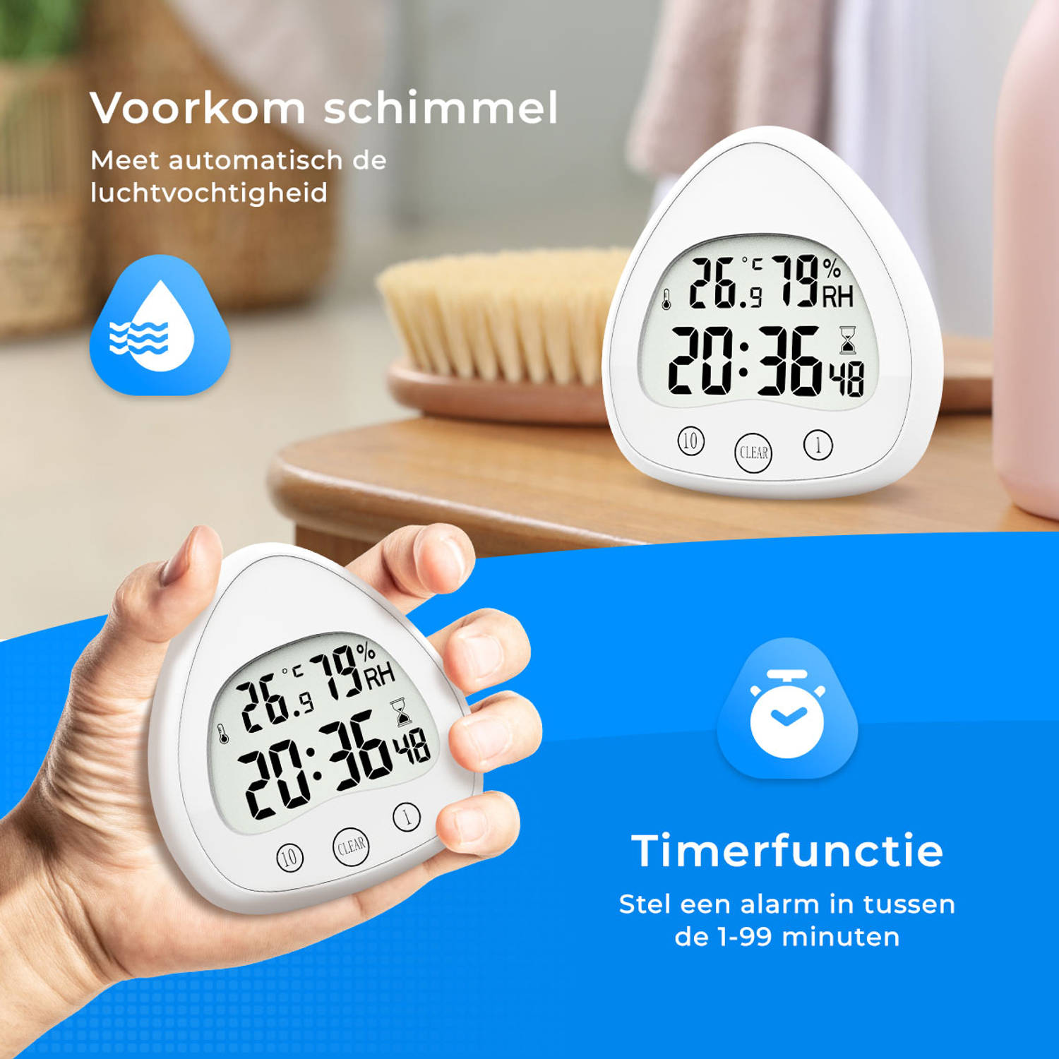 Luxime - Badkamerklok - Douchewekker - Klok - Hygrometer - Wit - Spatwaterdicht! | Blokker