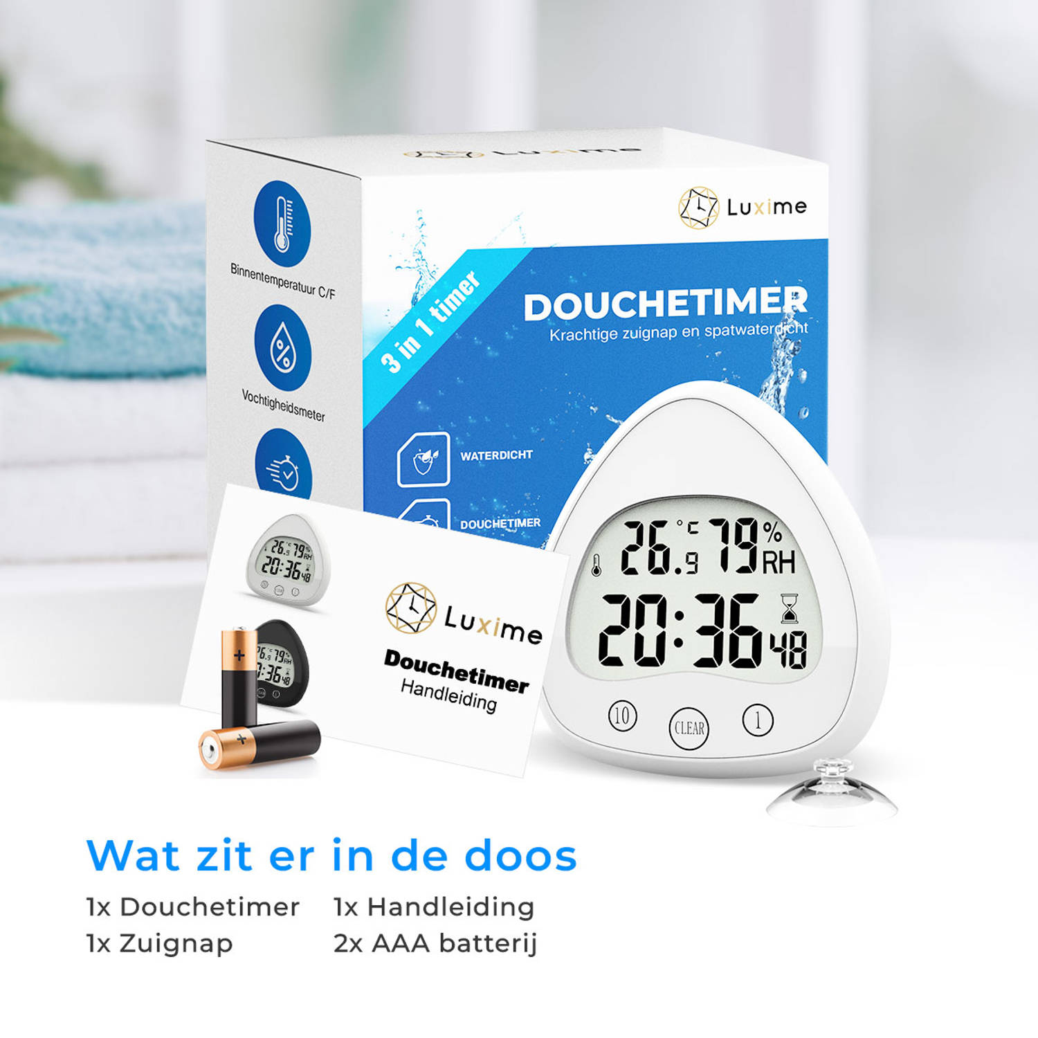Slaapkamer Kijkgat specificeren Luxime - Douchetimer - Badkamerklok - Douchewekker - Klok - Hygrometer -  Wit - Spatwaterdicht! | Blokker