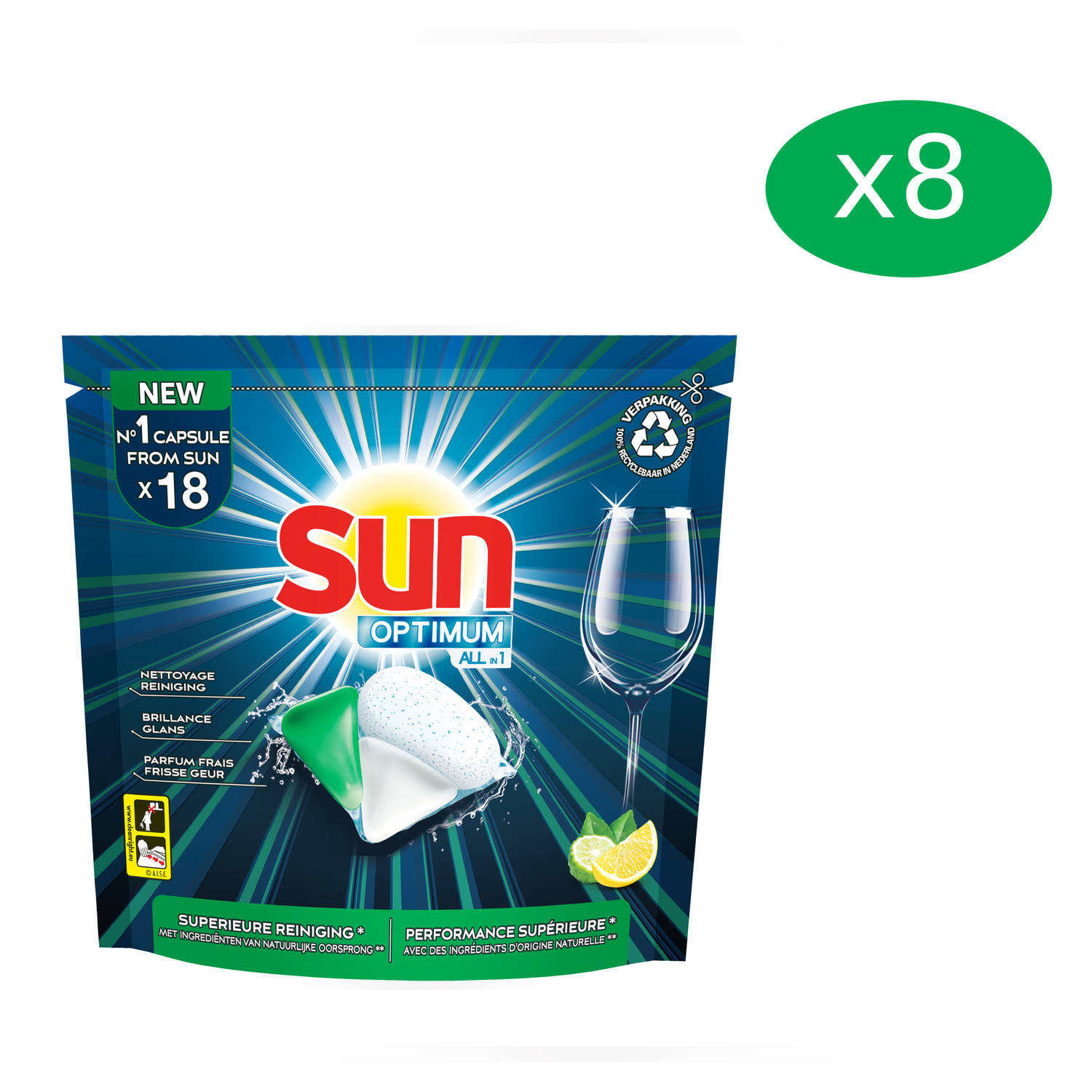 Sun Vaatwascapsules - Optimum All in one Lemon - Voordeelverpakking 8 x 18 tabs