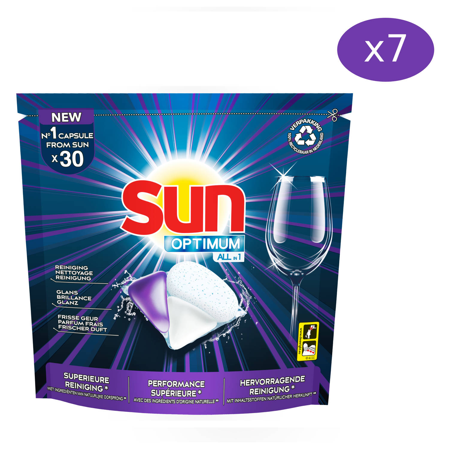 Sun Vaatwascapsules - Optimum All in one Regular - Voordeelverpakking 7 x 30 tabs