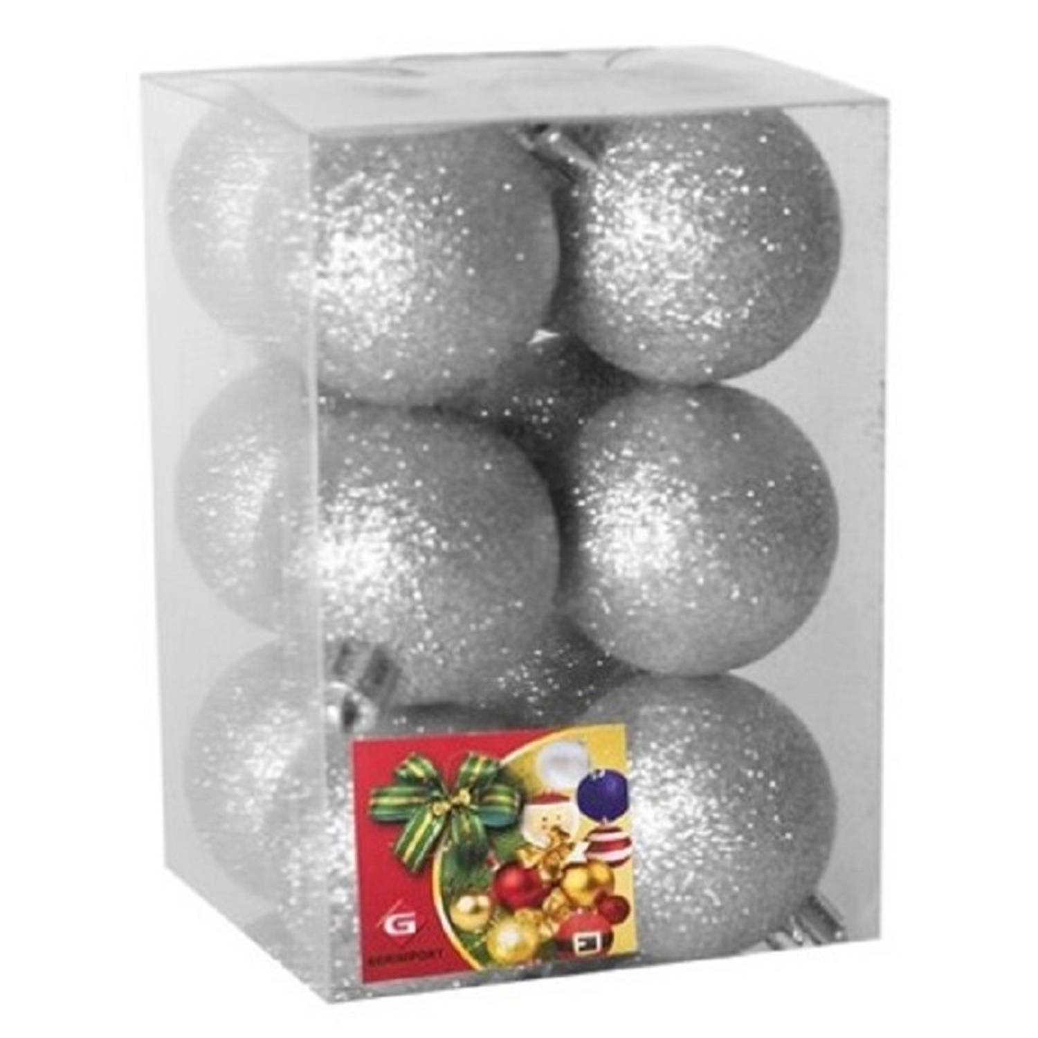 12x Stuks Kerstballen Zilver Glitters Kunststof 6 Cm - Kerstbal