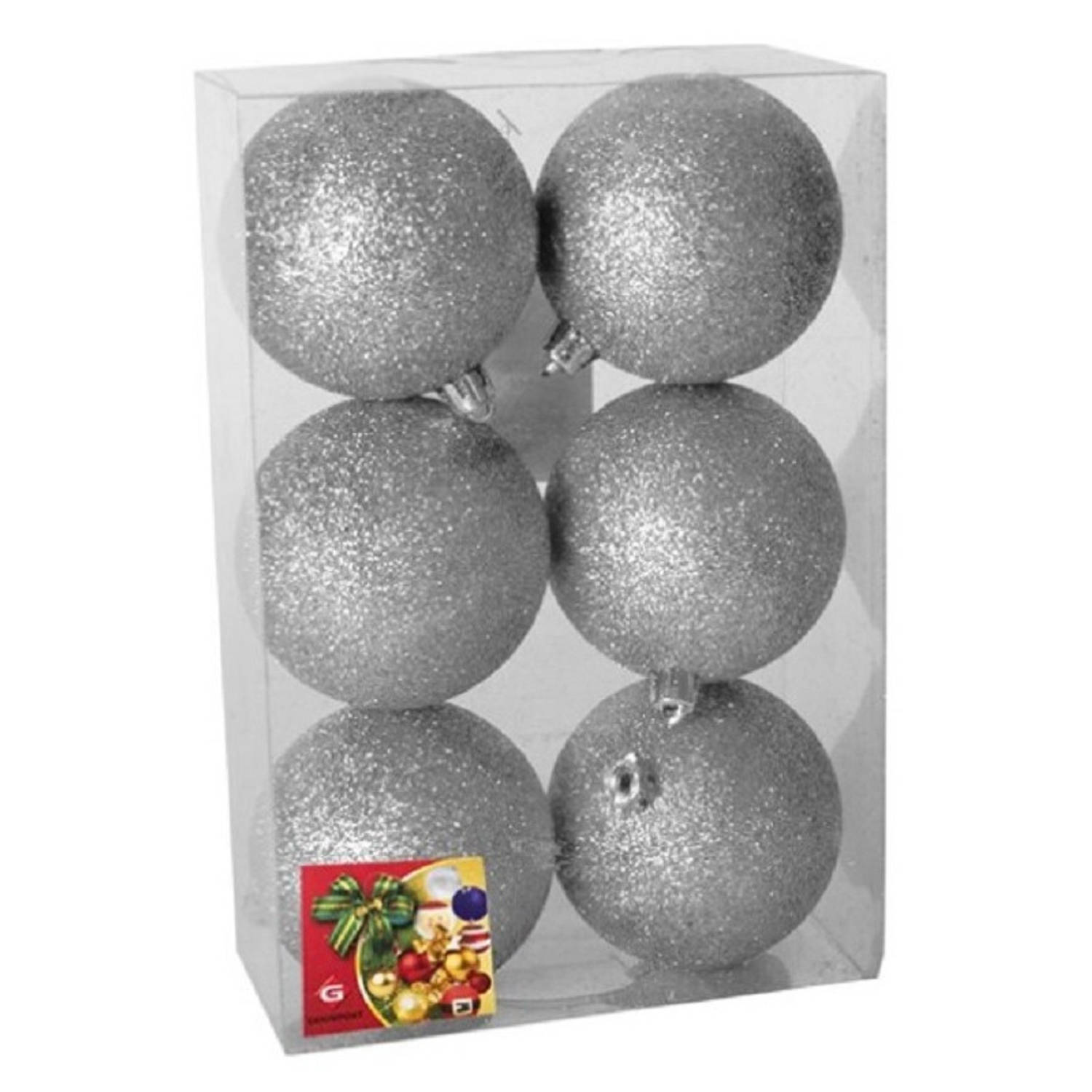6x Stuks Kerstballen Zilver Glitters Kunststof 8 Cm - Kerstbal