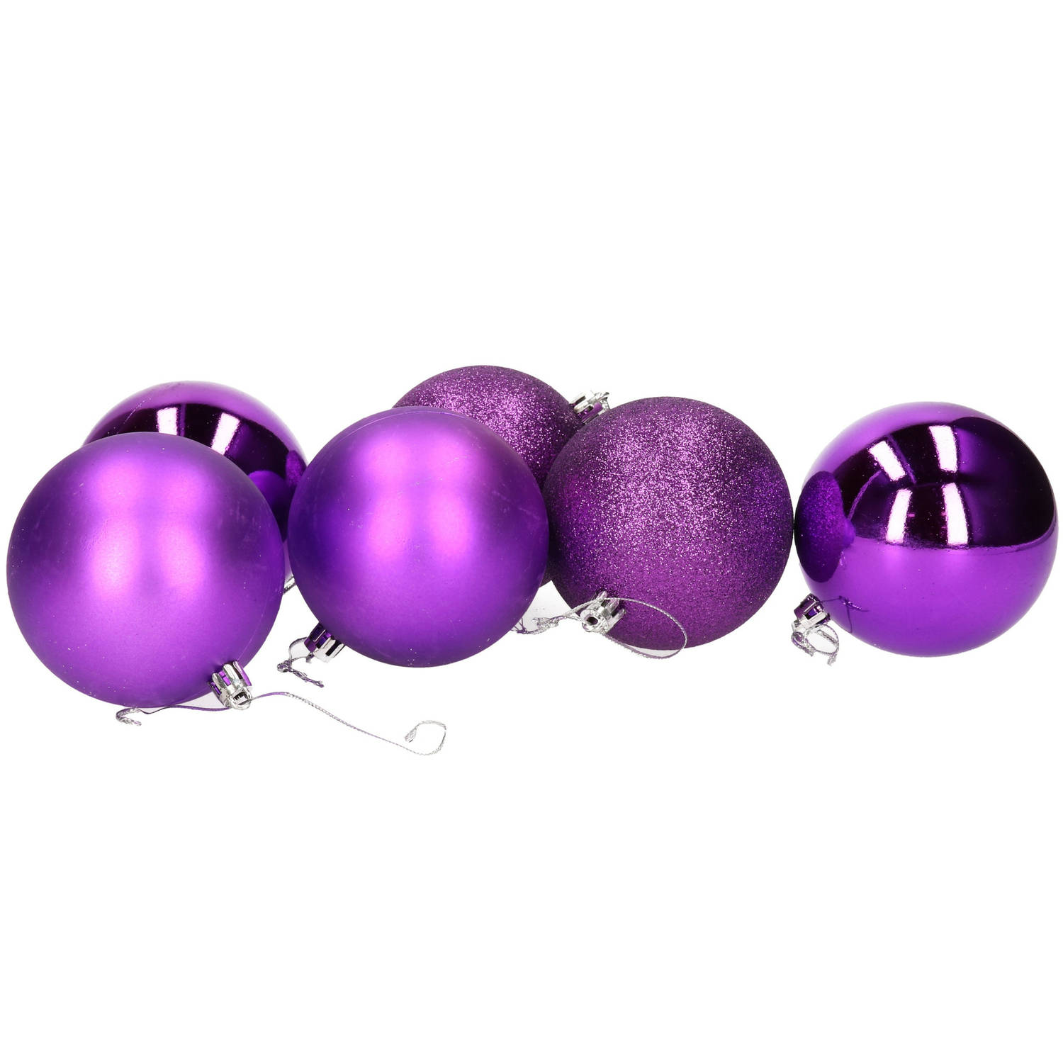6x Stuks Kerstballen Paars Mix Van Mat/glans/glitter Kunststof 8 Cm - Kerstbal