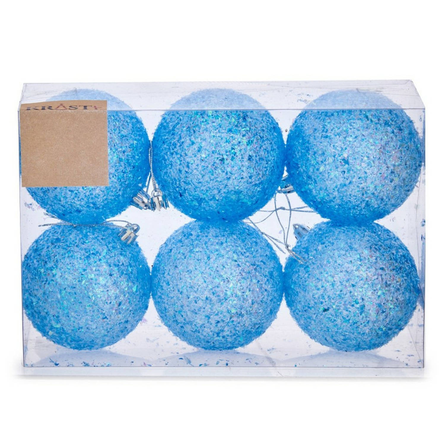 Krist+ kerstballen - 6x st - helder blauw glitter - kunststof - 8 cm - Kerstbal