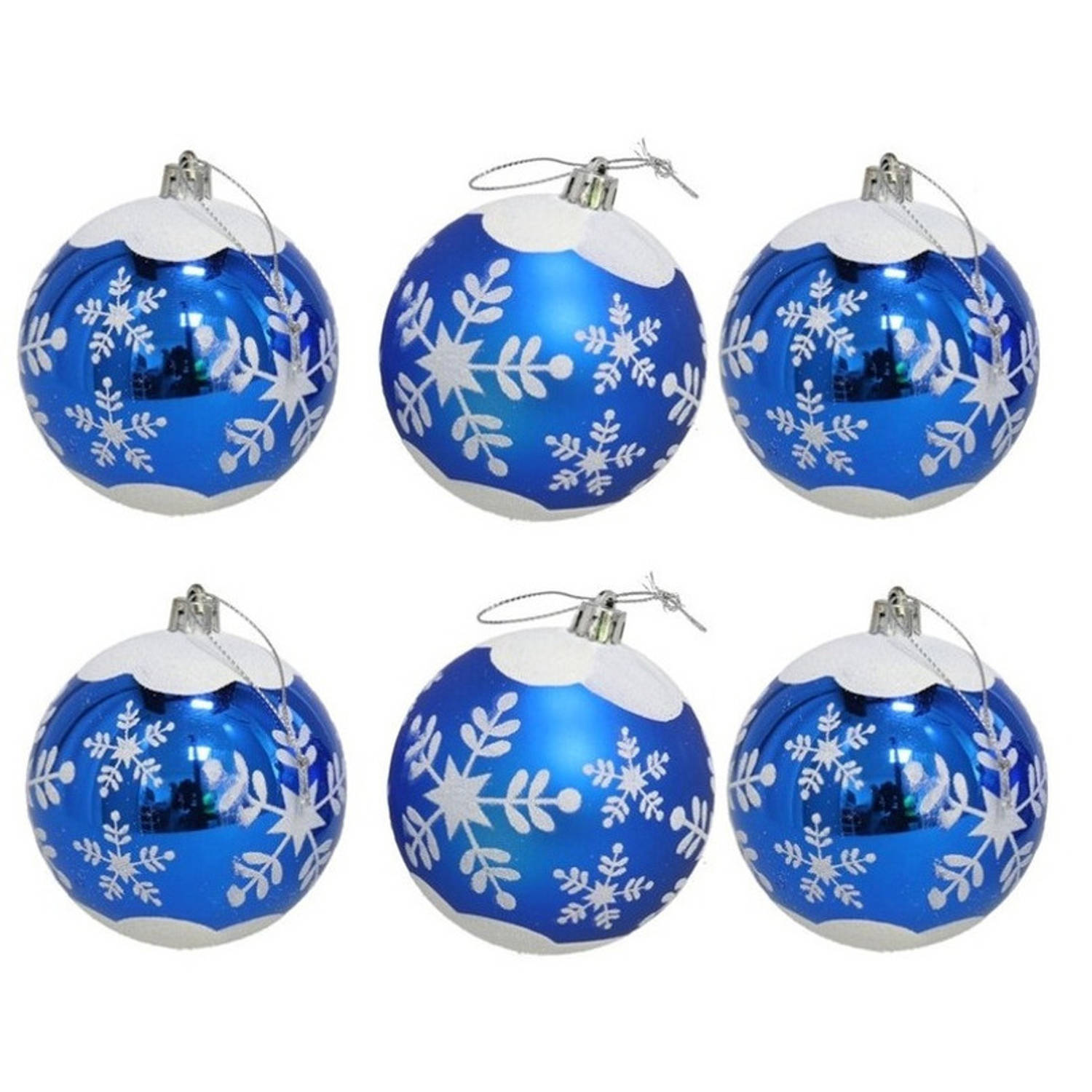 6x Stuks Gedecoreerde Kerstballen Blauw Kunststof 6 Cm - Kerstbal