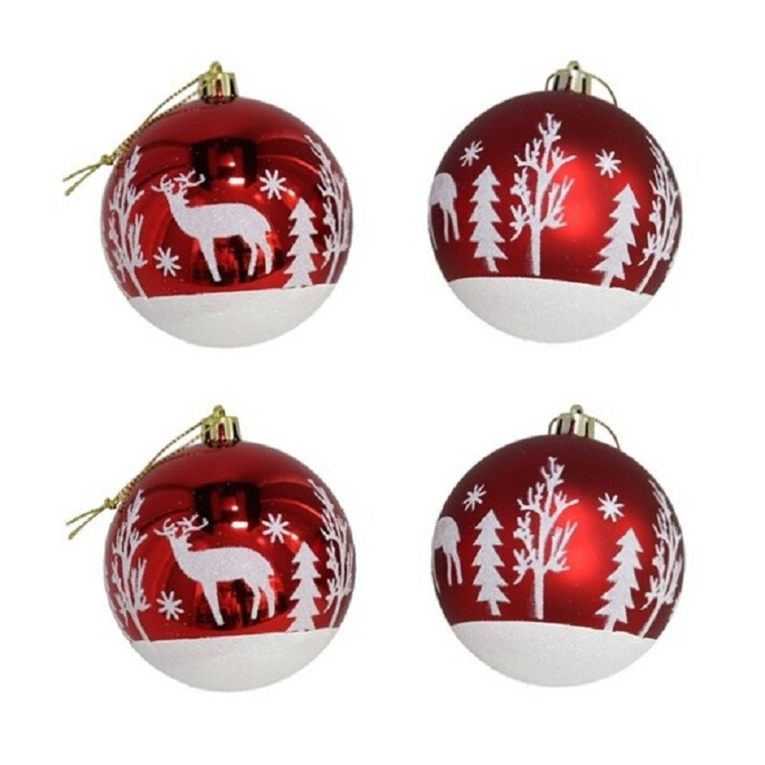 4x Stuks Gedecoreerde Kerstballen Rood Kunststof 8 Cm - Kerstbal
