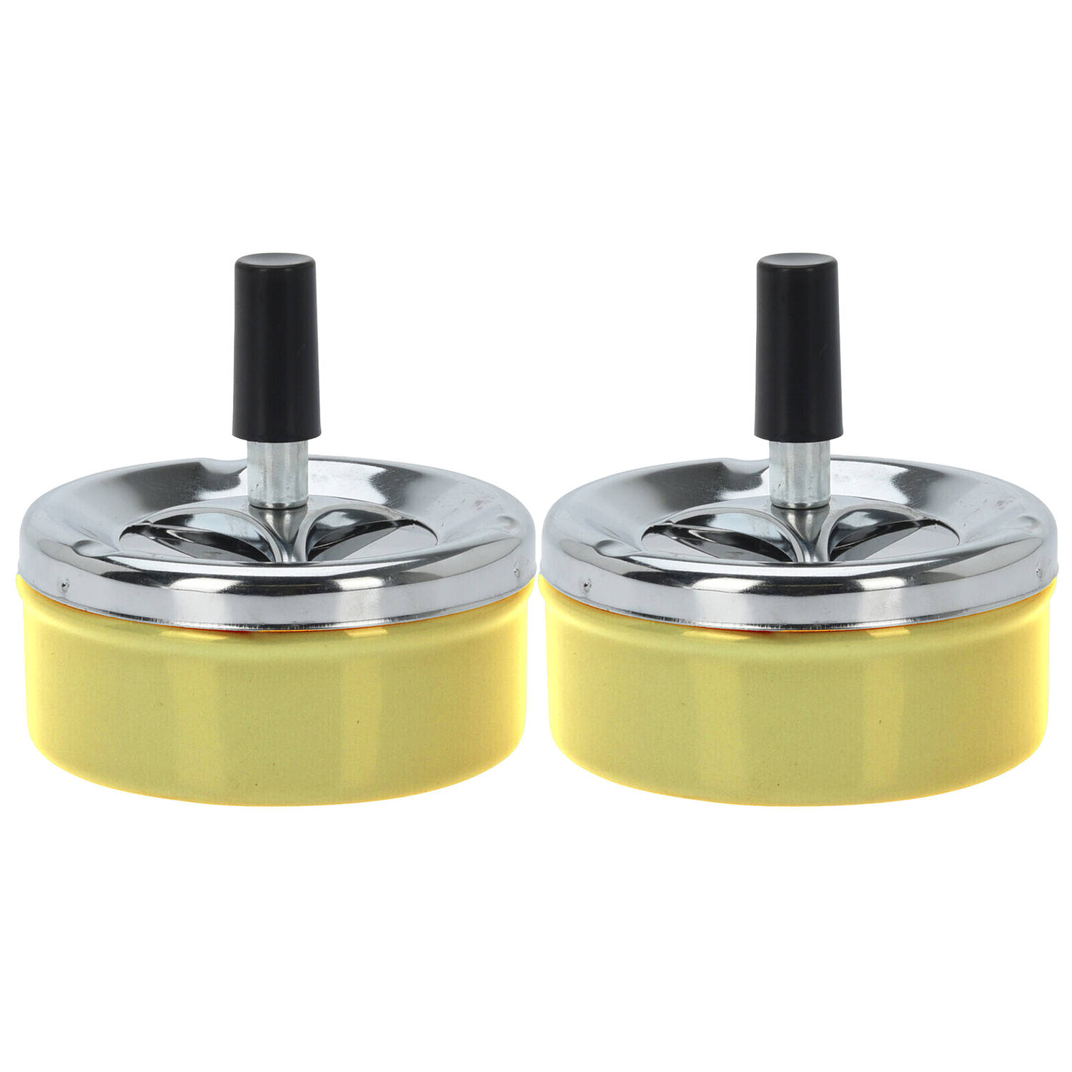 Set van 2x stuks ronde draaiasbak/drukasbak metaal 10 cm geel voor binnen/buiten - Asbakken