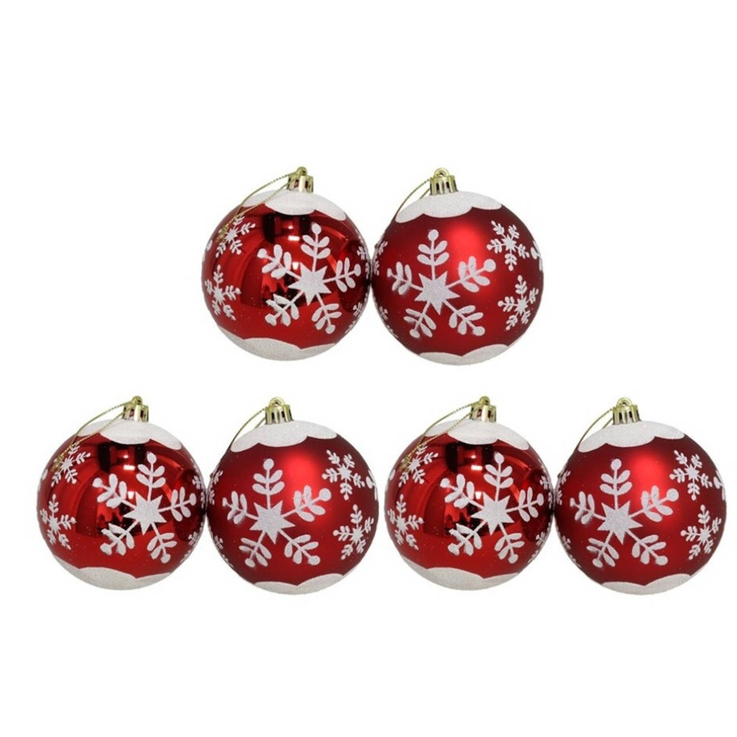 Gerimport Kerstballen - 6ST - rood - gedecoreerd - 6 cm - kunststof - Kerstbal