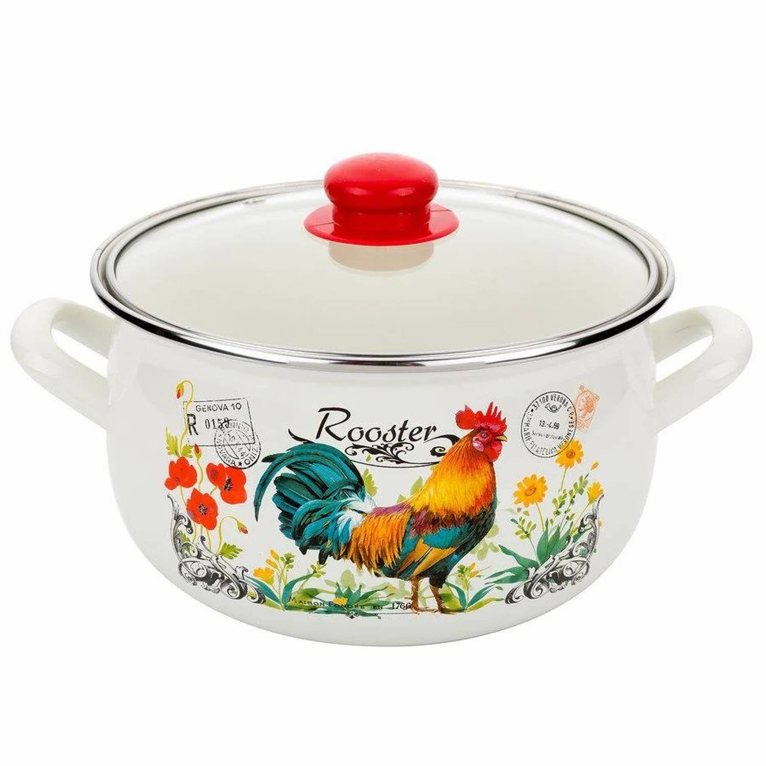 Emalia Retro Haan Rooster Geëmailleerde Vintage Kookpan 22 Cm 5.3 Liter Crème / Rood