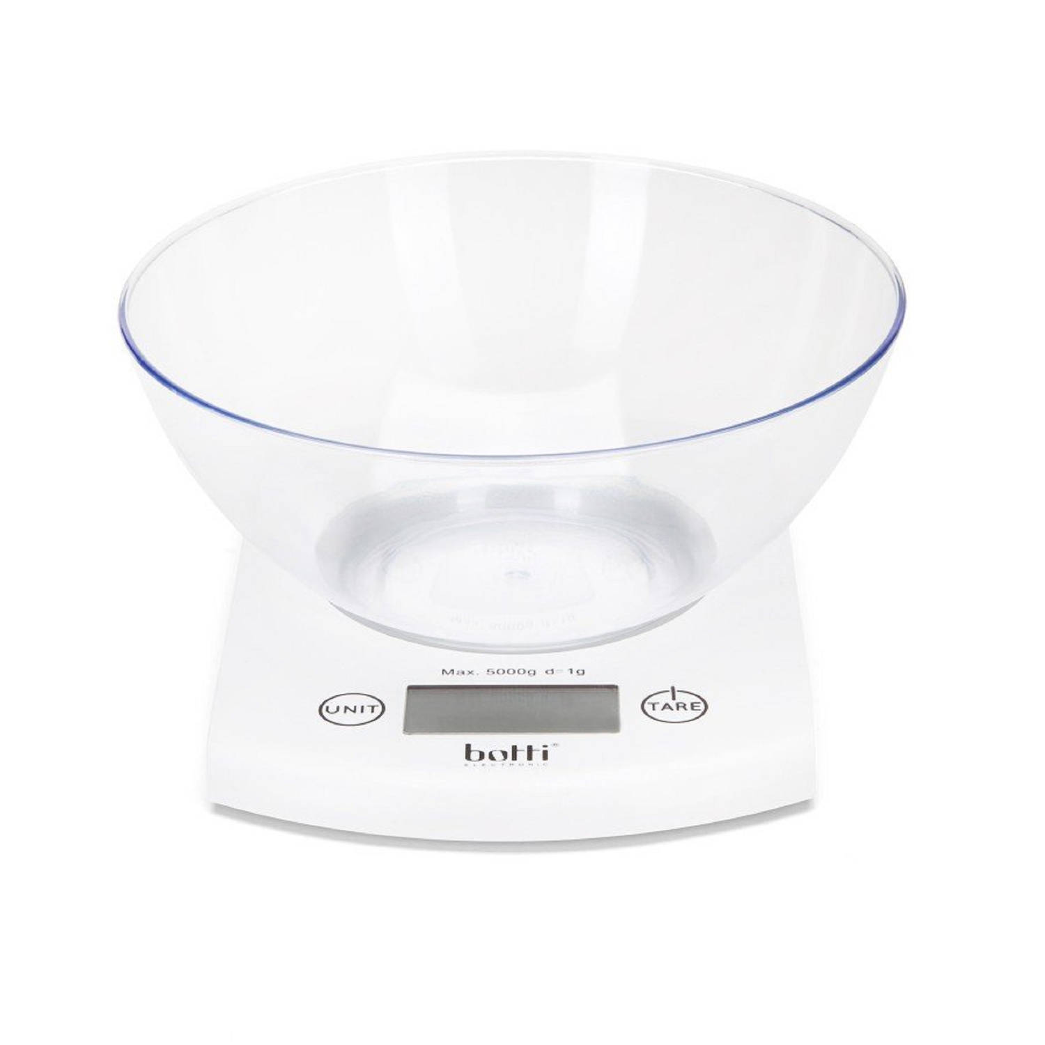 Botti Bowl Keukenweegschaal Digitaal Afneembare Kom 2l Wegen Tot 5 Kg 1 Gram Nauwkeurig Wit Transpar