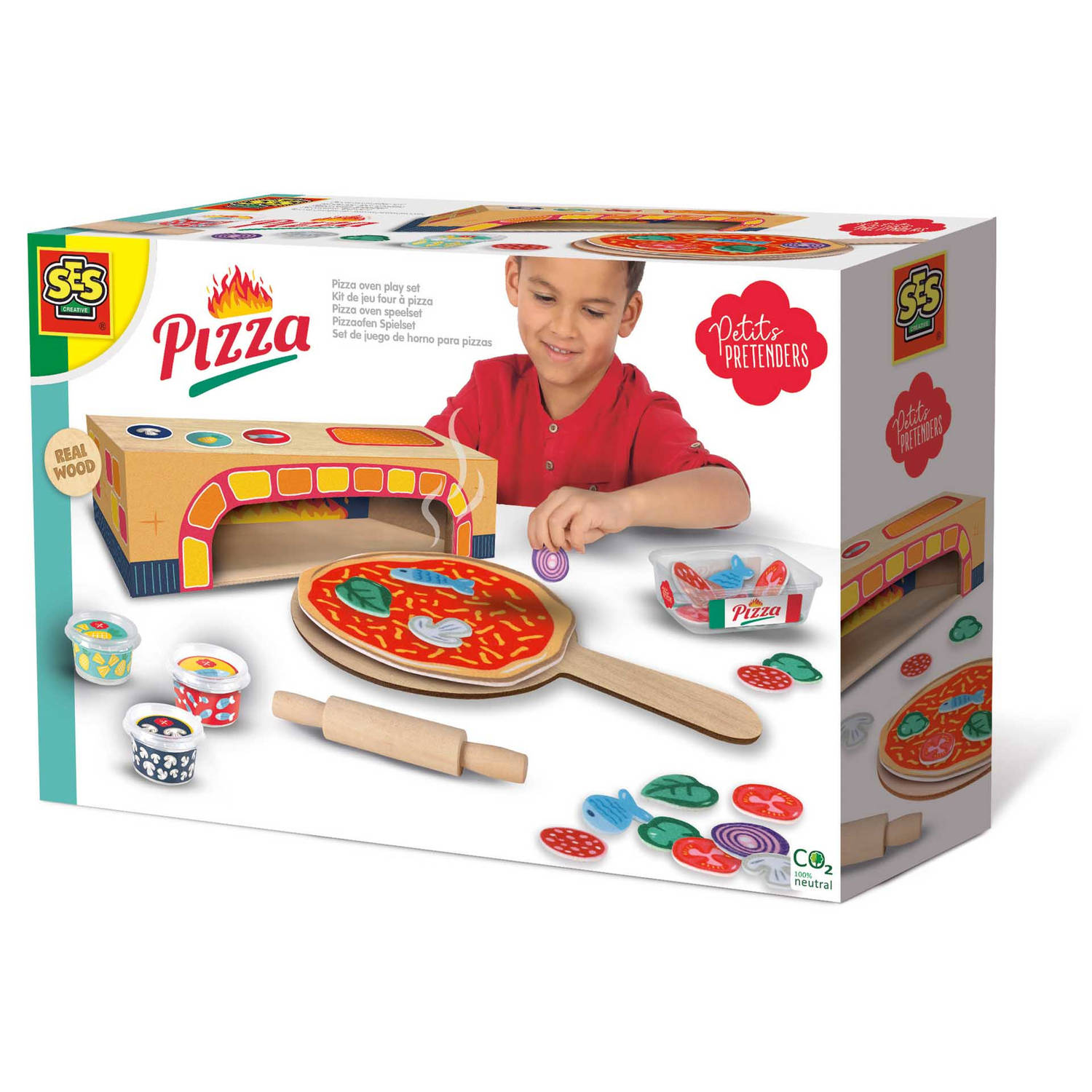 SES - Petits Pretenders - Pizza oven speelset - houten oven met pizza en ingrediënten