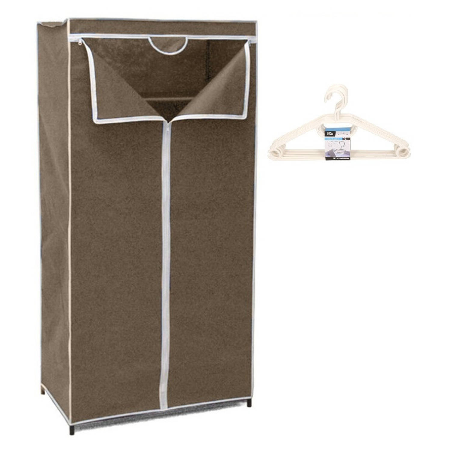 Mobiele opvouwbare kledingkast bruin 75 x 46 x 160 cm incl. 10 witte kledinghangers Campingkledingka