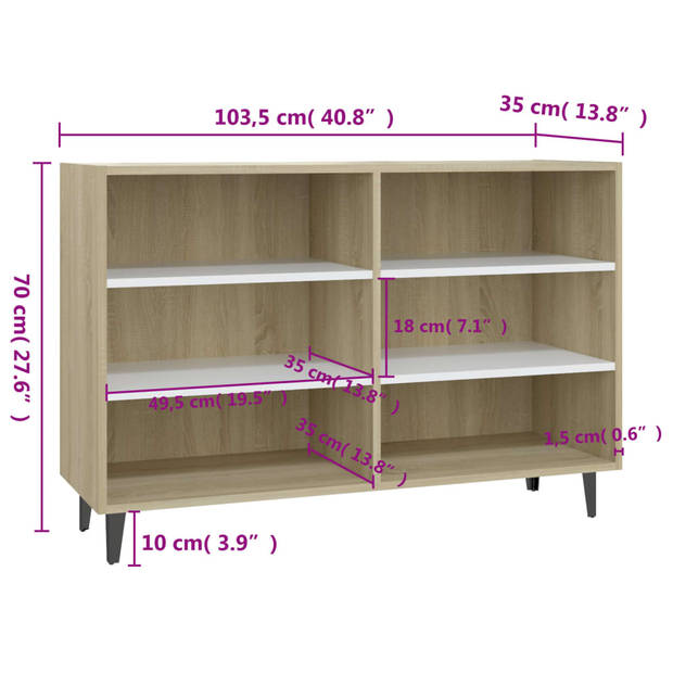 vidaXL Dressoir 103,5x35x70 cm bewerkt hout wit en sonoma eikenkleurig