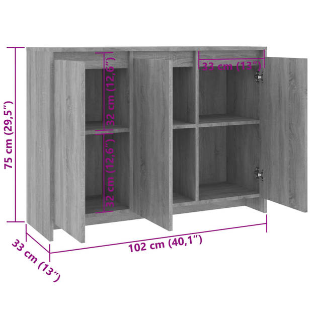 vidaXL Dressoir 102x33x75 cm bewerkt hout grijs sonoma eikenkleurig