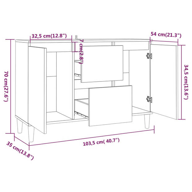 The Living Store Dressoir Bruineiken - 103.5 x 35 x 70 cm - met 2 lades en 2 deuren