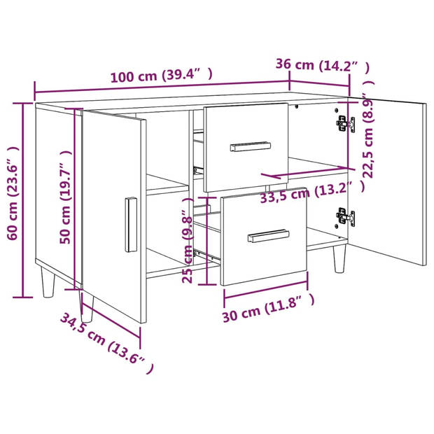 The Living Store Dressoir - Klassiek - Bijzetkast - Afmeting- 100x36x60 cm - Kleur- Grijs Sonoma Eiken