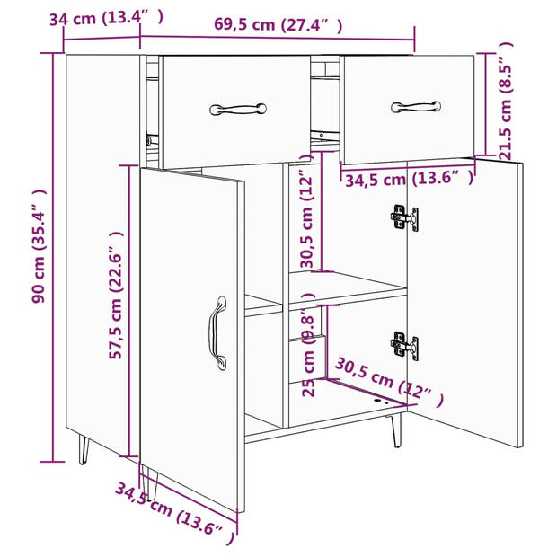 vidaXL Dressoir 69,5x34x90 cm bewerkt hout hoogglans wit