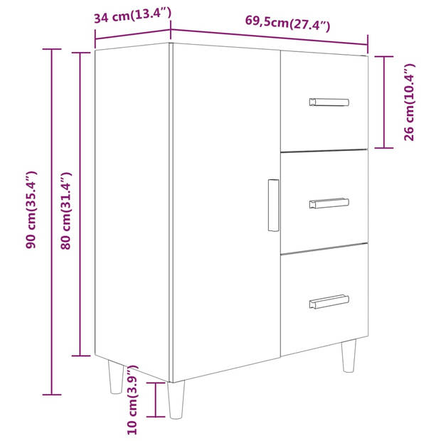 vidaXL Dressoir 69,5x34x90 cm bewerkt hout wit