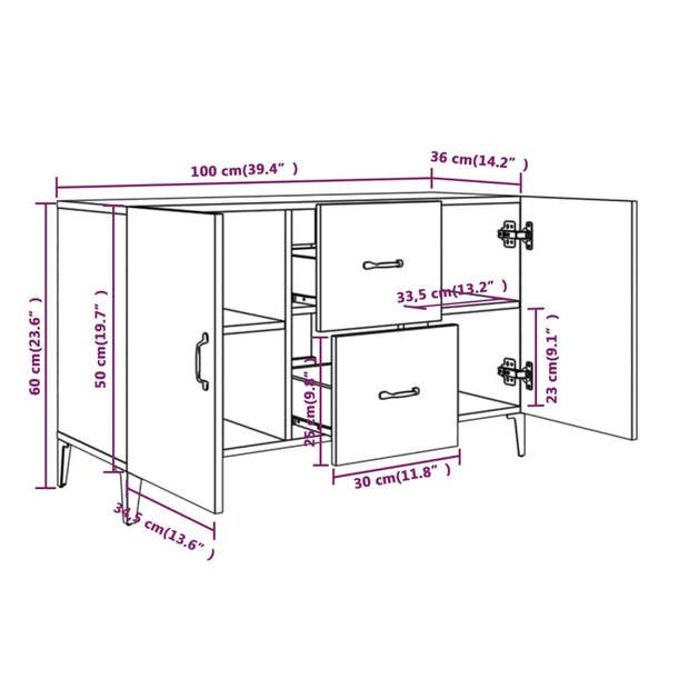 vidaXL Dressoir 100x36x60 cm bewerkt hout grijs sonoma eikenkleurig