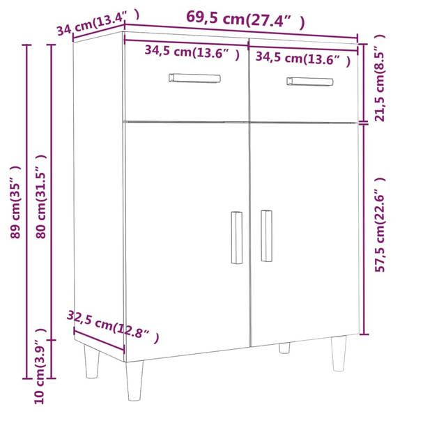 vidaXL Dressoir 69,5x34x89 cm bewerkt hout gerookt eikenkleurig