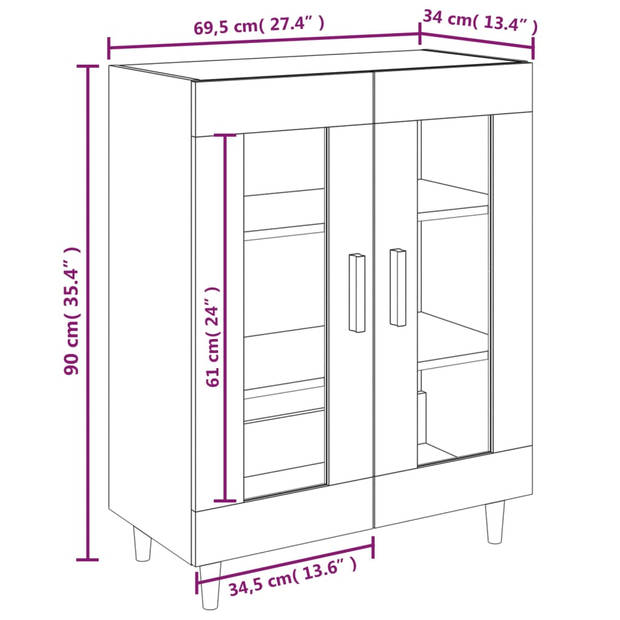 The Living Store Dressoir - Hoogglans wit - 69.5 x 34 x 90 cm - 2 glazen deuren