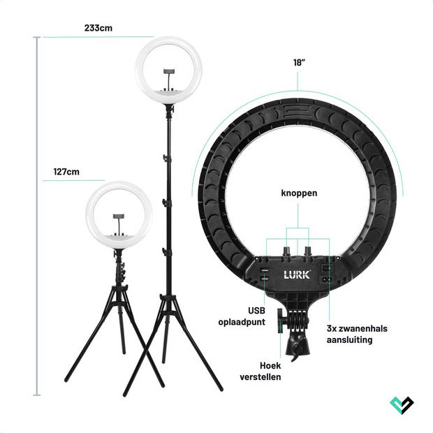 LURK® Ringlamp set 18 inch - Verstelbaar statief & afstandsbieding – LED Selfie Ring Of Light - voor camera / smartphone