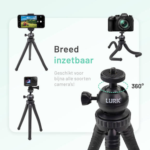 LURK® 3 in 1 Flexibele Tripod statief voor smartphone & camera - Telefoonklem en bluetooth afstandsbediening - 25cm