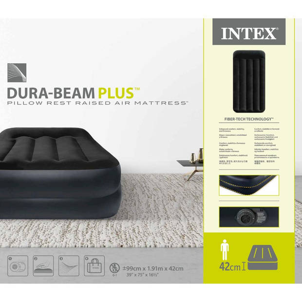 Intex Pillow Rest Raised - Luchtbed - 1-Persoons - 99x191x42 cm (BxLxH) - Zwart - Met ingebouwde motorpomp