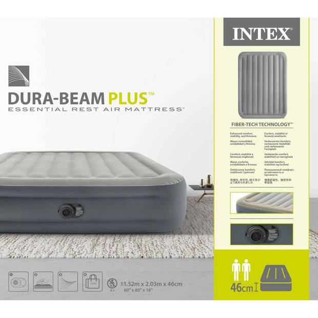 Intex Essential Rest - Luchtbed - 2-Persoons - 152x203x46 cm (BxLxH) - Grijs - Met ingebouwde motorpomp