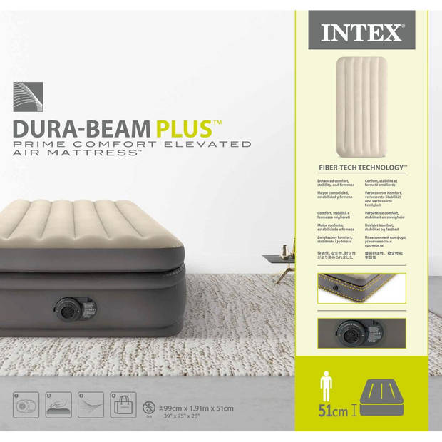 Intex Prime Comfort - Luchtbed - 1-Persoons - 99x191x51 cm (BxLxH) - Grijs - Met ingebouwde motorpomp