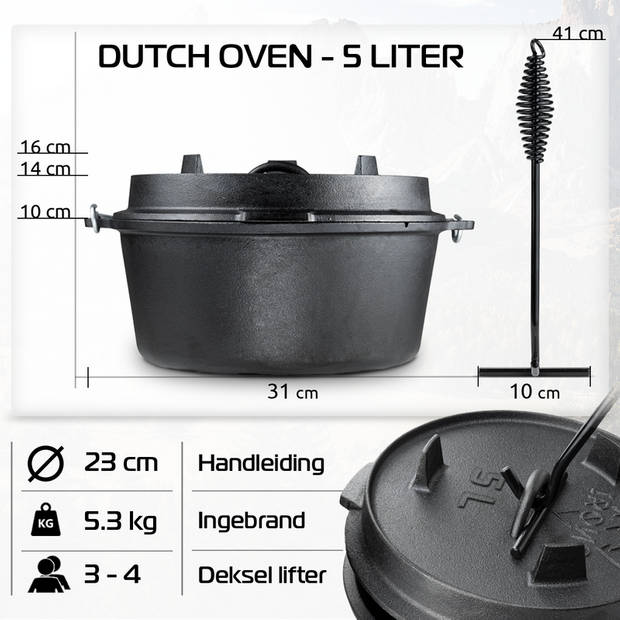 IRONO Dutch Oven - Pan Gietijzer - 5 Liter Set - Houten kist - Gietijzeren Pan BBQ 4-delig - Multifunctionele Kookset