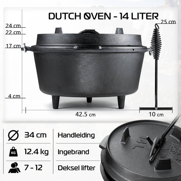 IRONO Dutch Oven - Pan Gietijzer - 14 Liter - Gietijzeren Pan BBQ 4-delig - Kookset - Braadpan - Bakpan - Kookpan