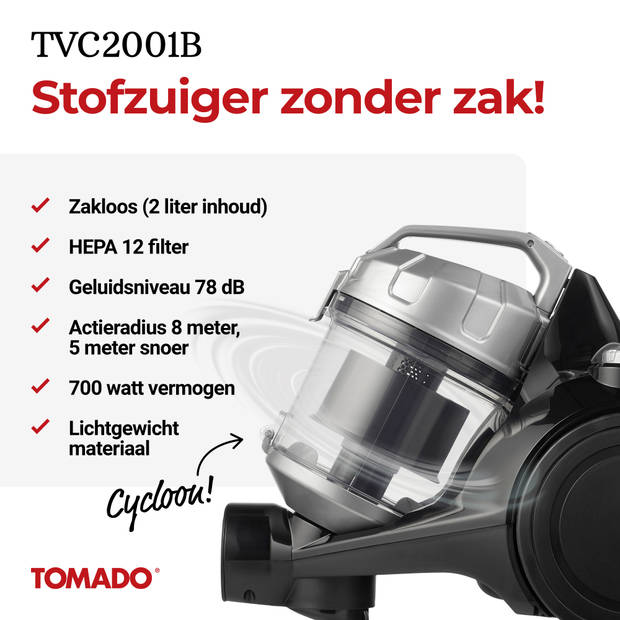 Tomado TVC2001B - Stofzuiger zonder stofzak - 2 liter - HEPA 12 filter - Lichtgewicht - Zwart