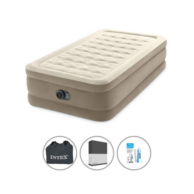 Intex Luchtbedset- 1-Persoons - 99 x 191 x 46 cm - Beige - Met Ingebouwde pomp + Hoeslaken Zwart + Reparatieset