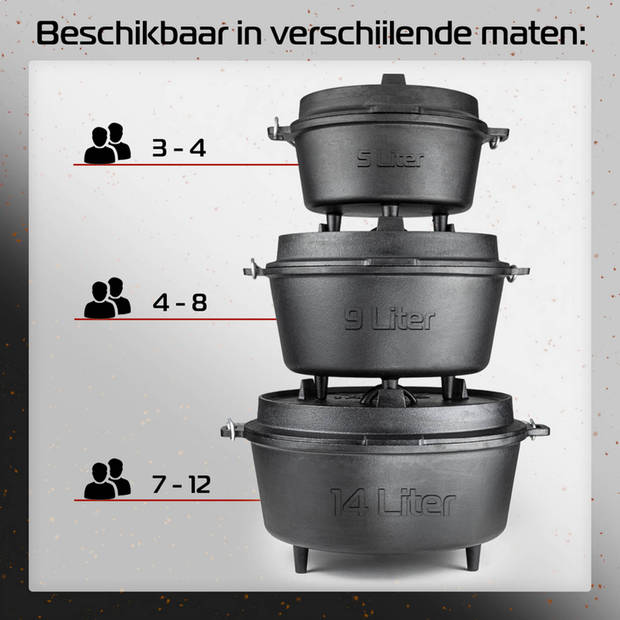 IRONO Dutch Oven - Pan - 9 Liter - Gietijzeren Pan BBQ 4-delig - Multifunctionele Kookset - Braadpan - Bakpan - Kookpan