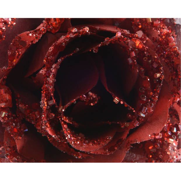 Decoris Kersthanger op clip - roos - donkerrood - bloem - glitter - 14 cm - Kunstbloemen