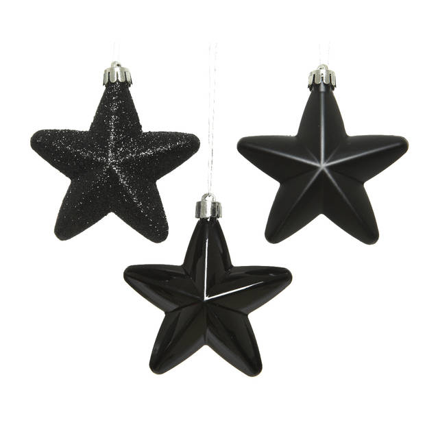 6x Zwarte sterren kerstballen 7 cm kunststof glans/mat/glitter - Kersthangers