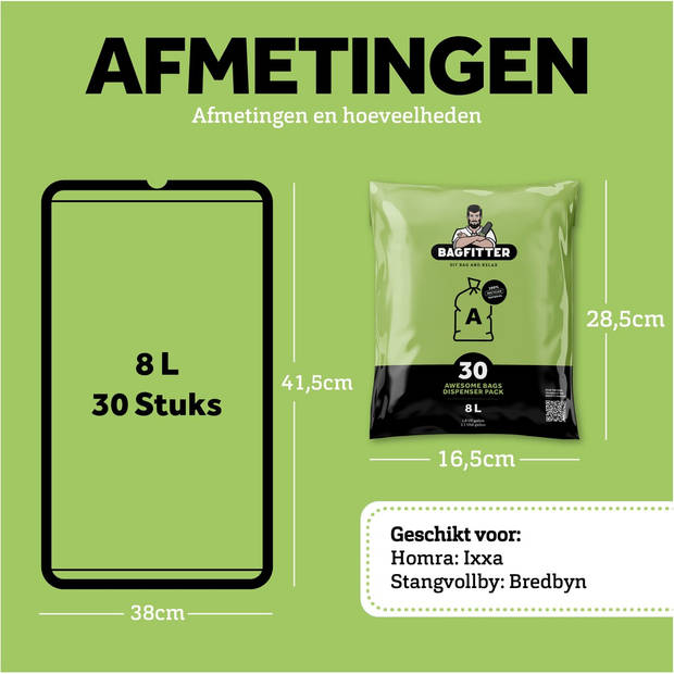 BagFitter Groen A 8L Vuilniszak met Trekband van 100% Gerecycled Plastic - 41,5cm x 38cm - 30 stuks - 8 Liter