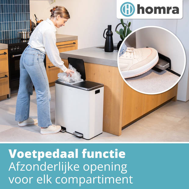 Homra QUICKX Duo Prullenbak - Afvalemmer Afvalscheiding 2 vakken – 60L - Wit