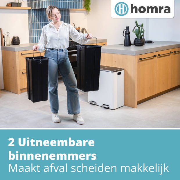 Homra QUICKX Duo Prullenbak - Afvalemmer Afvalscheiding 2 vakken – 60L - Wit