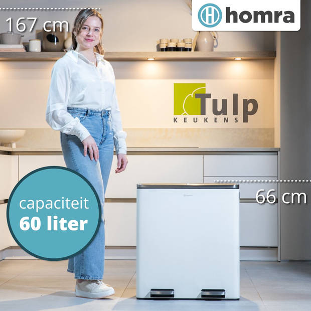 Homra QUICKX Duo Prullenbak - Afvalemmer Afvalscheiding 2 vakken – 60L - Wit