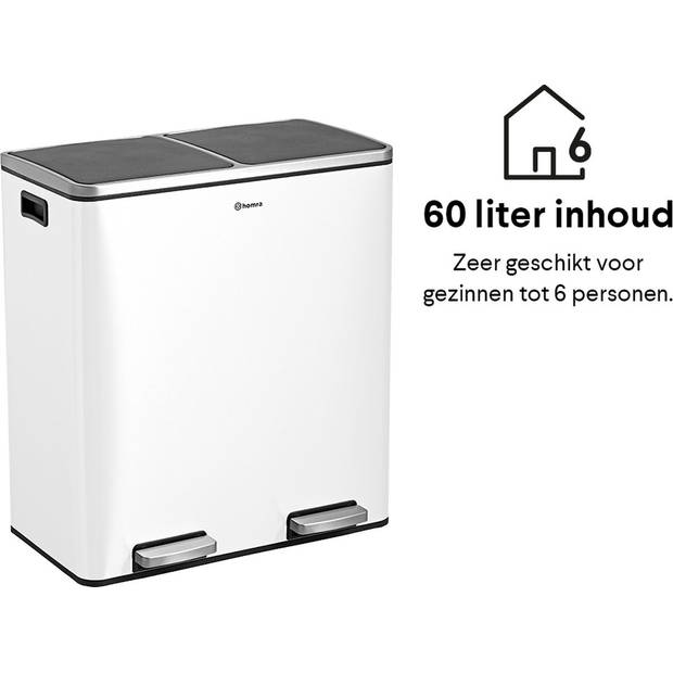 Homra QUICKX Duo Prullenbak - Afvalemmer Afvalscheiding 2 vakken – 60L - Wit