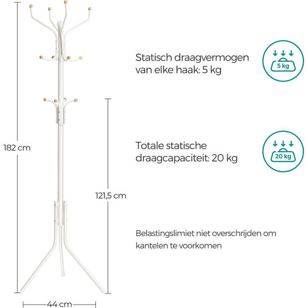 Design Kapstok met 12 Haken - Perfect in een Inkom hal of als Staande Hoekmeubel - 182 cm - Wit